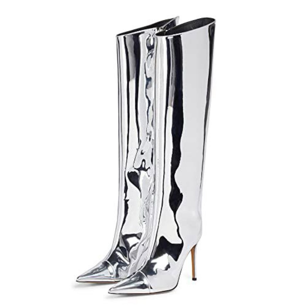 Metallic Chrome Stiletto Knee High Fashion Boots with Side Zipper